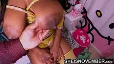 Play Slut with long tits laughs at a cock bigger than her head